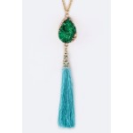 Lioni Emerald Druzy Stone Pendant & Tassel Long Necklace Set